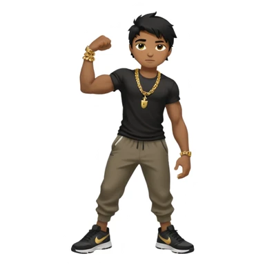full side body close up view of muscular 13yo boy with veiny hands arms and biceps. has messy black hair with dark-tan skintone with black tshirt. has gold chain and nike shoes with baggy pants sticker
