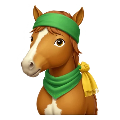a fabulous funny winter horse in a green bandana hat with a yellow scarf sticker