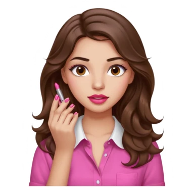 girl with long wavy brown hair, brown eyes, light to medium complexion, in a pink shirt, pink lips, long lashes, puckered lips, showing off painting long nails sticker