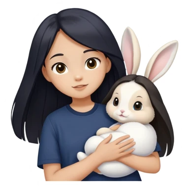 smiling with mouth closed, a young teenage girl with light tan skin, long black really-straight hair, brown eyes, navy colored oversized short-sleeved shirt and holding one white baby bunny wearing  sticker