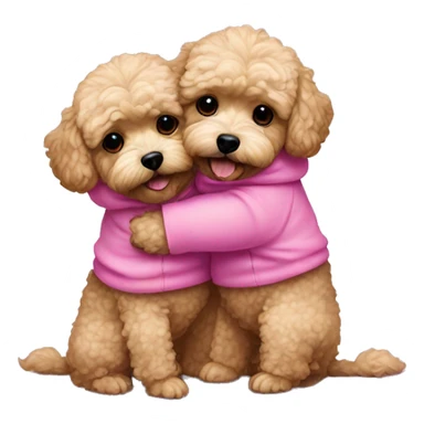 2 dark maltipoo dogs hugging, one wearing a pink sweatshirt and the other wearing a blue one sticker
