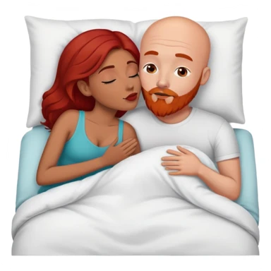 White Bald man with red beard; Hispanic woman with dark brown hair kissing in bed sticker