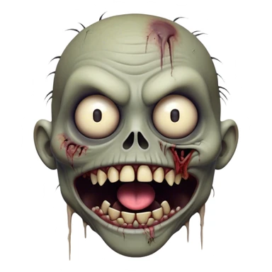 Cinematic Comical Zombie Portrait Emoji, with a grotesquely exaggerated yet playful decaying face in muted ashen tones, head cocked in a dramatically shocked expression with wildly comical, googly eyes and a gaping, silly grin revealing quirky stitches, simplified yet hilariously expressive, highly detailed with a soft eerie glowing outline capturing the absurd humor of a zombie in comic disbelief! sticker