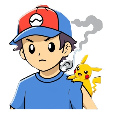 21 yo Handsome Ash Ketchum using a bong with picachu breathing out smoke sticker