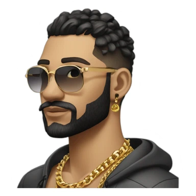 Russian strong thug wearing gold chain with black hair and short beard, mid-fade hairstyle, wearing designer fendi sticker