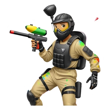 A dynamic scene of a player in action, holding a paintball gun and wearing protective gear. The background shows a vibrant paintball field with obstacles, colorful splatters of paint in the air, and an intense, competitive atmosphere. sticker