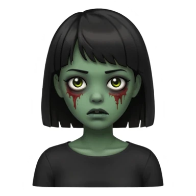 Zombie girl emoji verde escuro com cabelo curto liso preto no ombro e franja na altura da sobrancelha cobrindo completamente a testa, usando uma blusa preta, com olhos pretos  sticker