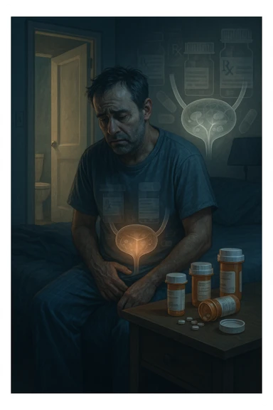 A middle-aged man sits on the edge of his bed in a dimly lit bedroom, looking exhausted and frustrated. On the nightstand beside him are several prescription pill bottles, loosely organized, some open — suggesting long-term medication use. In the background, the bathroom door glows softly, partially open, with a faint reflection of the toilet visible, indicating frequent nighttime trips. The man wears a loose T-shirt and pajama pants, his posture slightly curved as he gently touches his lower abdomen, symbolizing bladder discomfort. His eyes have dark circles, his expression is drained. The color palette is muted blues and greys, with a cinematic soft focus and ambient light highlighting emotional fatigue. A subtle overlay of pill labels and bladder imagery could be added for educational use. sticker