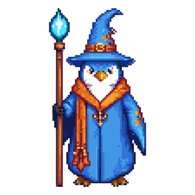 pixel art penguin wizard with a blue robe and staff sticker