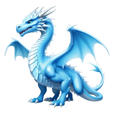Cinematic Noble elegant Ice Dragon full body Emoji, Poised and imposing, distinct long elegant snout, with a slender, scaled body shimmering in glacial hues of icy blue, frostbitten silver, and crystalline white, breathing out frost, with piercing, glowing eyes that radiate the chilling depths of an arctic storm; rendered in detail. displaying its wings sticker