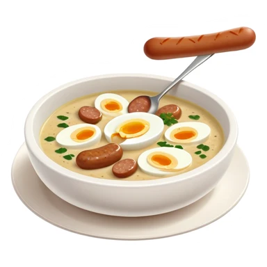 cinematic-realistic zurek-soup-dish-emoji,-depicted-as-a-tangy,-creamy-rye-soup-with-sausage-and-1 boiled egg-rendered-with-detailed-textures-and-warm,-comforting-lighting. sticker