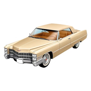 Ultra-minimalist beige 1966 Cadillac DeVille, very simplified shapes, clean 30-degree perspective, only essential details, basic geometric representation, Once Upon a Hollywood car, iOS emoji style sticker
