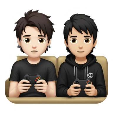 pale Goth boy with a bunch of face piercings, with shaggy dark brown hair, next to a tan skin gamer boy with long black hair , they are watching a movie together  sticker