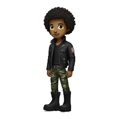 A dark skinned curly haired punk guy with urban camo pants and tactical boots and wearing a Leather jacket sticker