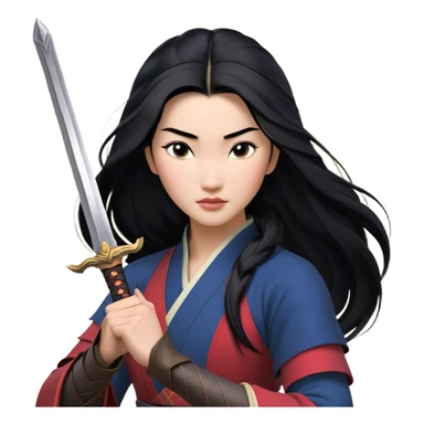 Cinematic Realistic Mulan Portrait, depicted with lifelike skin texture, soft natural lighting, and intricately detailed long black hair styled elegantly. Her deep, expressive eyes exude determination and grace, complemented by a serene yet confident expression. She stands with one hand resting on the hilt of her sword, the other by her side, exuding strength and poise. She is dressed in her classic attire, with rich fabric textures and delicate folds that catch the light beautifully. The portrait features a soft, enchanting glow with a natural, radiant finish, capturing the essence of timeless strength and beauty in a realistic and painterly style, evoking a sense of depth and authenticity. sticker