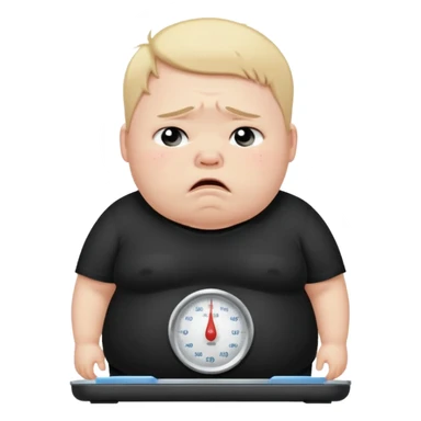 sad fat young boy in black t shirt on weight scale crying with tears on his cheeks sticker
