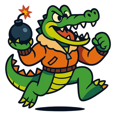 a crocodile dressed as a bomber, dynamic pose, cartoon style, vibrant colors, energetic, fun illustration sticker