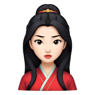 Cinematic Realistic Mulan Portrait, depicted with lifelike skin texture, soft natural lighting, and intricately detailed long black hair styled elegantly. Her deep, expressive eyes exude determination and grace, complemented by a serene yet confident expression. She is dressed in her classic attire, with rich fabric textures and delicate folds that catch the light beautifully. The portrait features a soft, enchanting glow with a natural, radiant finish, capturing the essence of timeless strength and beauty in a realistic and painterly style, evoking a sense of depth and authenticity. sticker