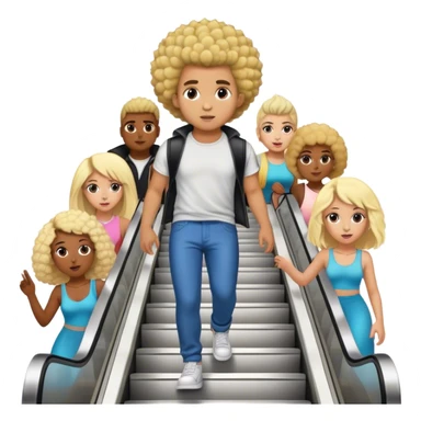 TikTok brown skinned influencer with blonde fro hawk, TheBlondeJon Aka Jon Madrid (who looks kinda like his brother josh king madrid) is going down escalator stairs partying with bunch of girls  sticker