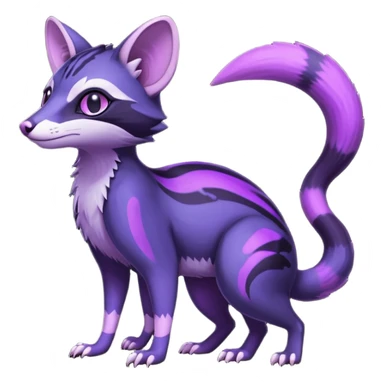 Obsidian-onyx-black and glowing neon-purple, shiny blind eyes, magical fantasy-Genet-Sentret-Marsupial-Possum-Vernid-Sergal-Fakémon-hybrid, by LiLaiRa-griffsnuff, full body sticker