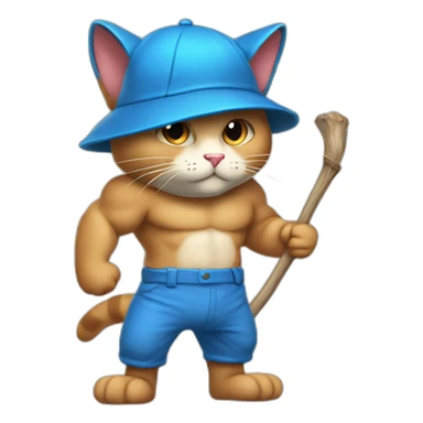 Strong muscles Blue cat NO ears  wearing a mushroom cap carrying a stick in one arm standing on two legs with pants sticker