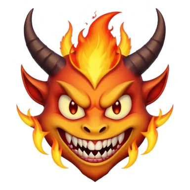 Create a dark-themed emoji of a demonic face with sharp, curved horns, glowing white eyes, an evil grin with large pointed fangs, and abstract flame-like patterns around the face. The background should be pure black. sticker
