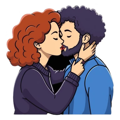 curly haired girl kissing a man with a beard, romantic couple kiss sticker