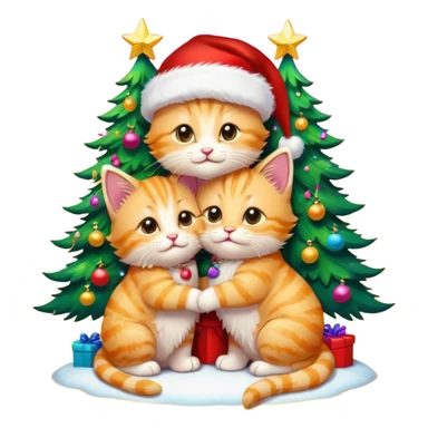 two cute hugging golden fluffy tabby kittens with Santa hats by a colorful multicolored brightly lit up Christmas tree sticker
