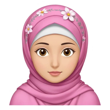 a hijabi girl wearing pink shawl, fair skin, dark brown eyes, wearing flower clips sticker