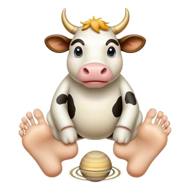 A cow-headed Saturn planet hybrid standing on huge human feet with toes, with Saturn's rings tilted around the middle of the body sticker