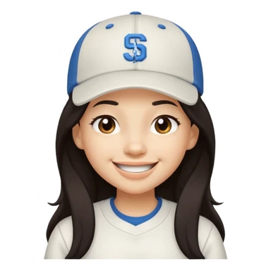 Digital illustration of a cartoon character with a big smile on its face and winking with one eye. The character has long dark hair and is wearing a white baseball cap and casual clothes. The overall style of the illustration is cute and playful. sticker