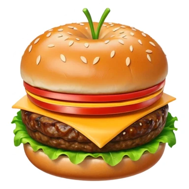 A classic single patty hamburger emoji, 3D Apple style, glossy and colorful. Soft rounded bun with sesame seeds, one beef patty, fresh lettuce, tomato slice, melted cheese, realistic but cartoonish look, clean white background sticker