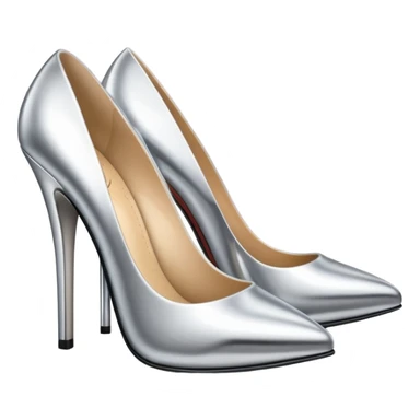 A pair of high heel shoes emoji made of polished silver chrome, elegant sharp silhouette, smooth metallic surface, glossy reflections, luxury sexy vibe, minimalistic iOS emoji style, centered, clean white background sticker