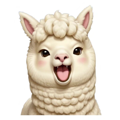 Cinematic Cute Yawning Cream Alpaca Portrait Emoji, Head tilted slightly with a dramatic, wide-open yawn, showcasing a soft, fluffy cream fleece with subtly drooping ears, round gentle eyes barely open in drowsy contentment, Simplified yet irresistibly adorable features, highly detailed, glowing with a soft, cozy glow, high shine, relaxed yet expressive, stylized with a touch of whimsy, bright and endearing, soft glowing outline, capturing the essence of a sleepy yet affectionate alpaca, so drowsy it feels like it could stretch out of the screen and curl up for a nap! sticker