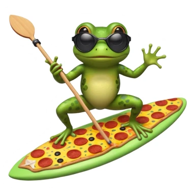 Frog riding surfboard with sunglasses while eating a pepperoni pizza and holding a leash attached to a fish sticker
