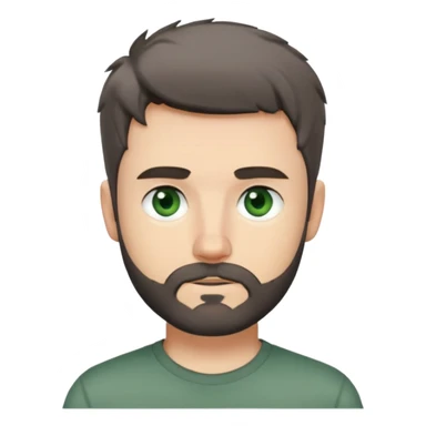 white man with dark messy short hair, dark green eyes, gray t-shirt, and short beard sticker