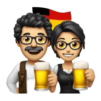 Dark hair man and woman with glasses going crazy . Beer in hand and German flag  sticker