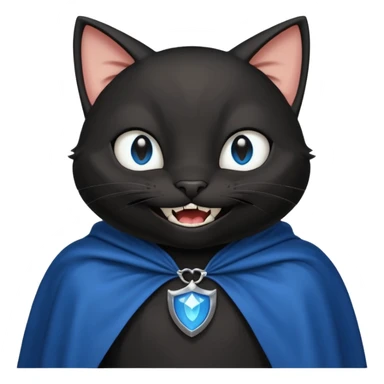 an all black anthropomorphic cat with blue eyes wears an all black cape and is smiling a mischievous sharp tooth grin sticker