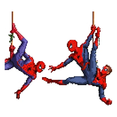 pixel art of three Spider-Mans in action swinging and fighting together, Tobey Maguire in red-blue suit web-shooting, Andrew Garfield in red-blue suit acrobatic pose, Tom Holland in red-black suit swinging, dynamic poses with webs sticker