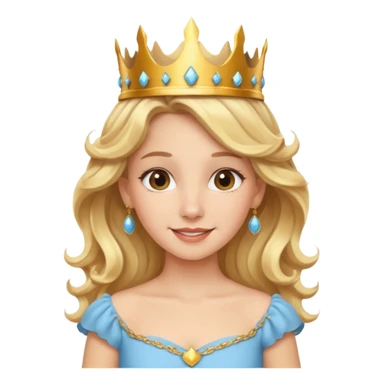 Cheerful blonde princess with wavy hair and light blue dress, wearing crown sticker