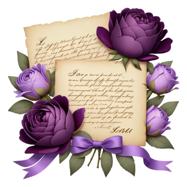 A handwritten love note on aged parchment, nestled within a bouquet of dusty purple peonies, velvety plum roses, and soft lavender blossoms, is delicately secured with a dusky amethyst satin ribbon, while a tiny, heart-shaped wax seal in deep violet adds an elegant, vintage touch. sticker