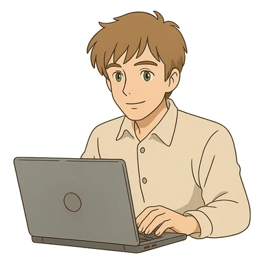ghibli style man with light brown hair and green eyes sitting in front of a laptop sticker
