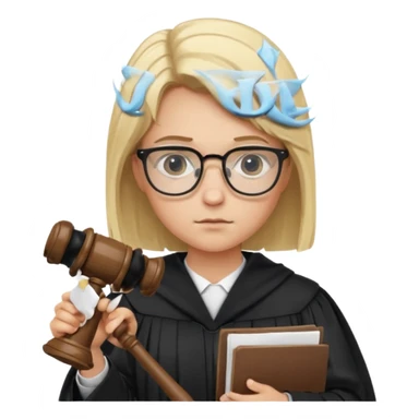 Young judge, blonde hair with glasses and robe, hold a paper and gavel sticker