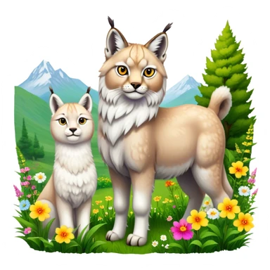 Collage of exotic animals: a lynx with striking eyes, and a fluffy alpaca standing in a lush meadow. The lynx gazes intently while the alpaca looks calm and curious. Surrounded by vibrant plants and flowers. Transparent background for a lively, colorful scene. sticker