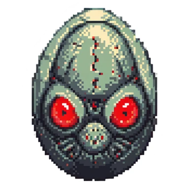 a strange transparent alien egg with a visible creature inside, embryonic, fetal shape creature, 3 glowing red eyes, illuminated from above sticker