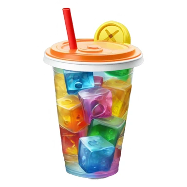 Realistic plastic cup and lid with colored soda and large ice cubes inside and colorful straw poked through the top of the lid. sticker