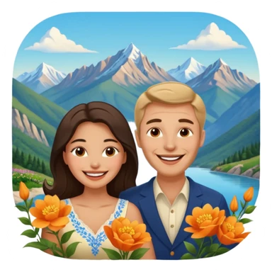 Couple  laughing traveling russian man and elegant  Latina girl delicate flowers and mountains in the background  sticker