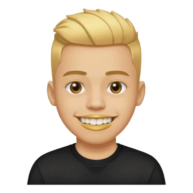 lightskinned person with a taper fade haircut and golden teeth wearing a black tshirt with a white background sticker