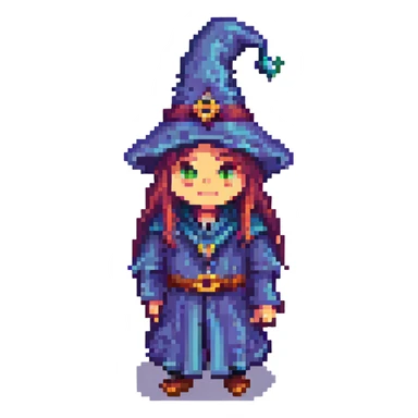 strange wizard, quirky and colorful, pixel art style sticker