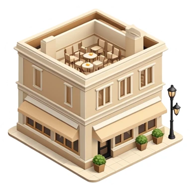 Upscale restaurant exterior, beige, isometric dollhouse-style, realistic sticker